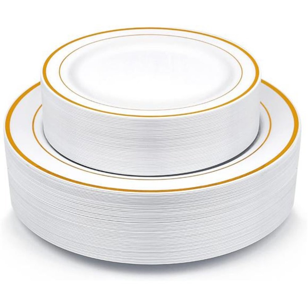 Gold Plastic Plates,100 Pieces Disposable Party Plates for Weddings, Premium